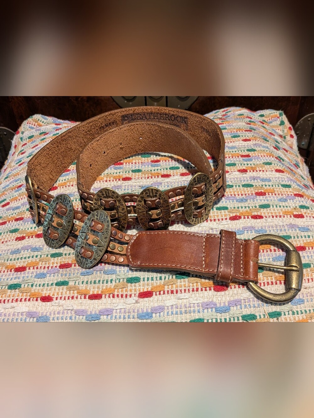 Women's VTG Leatherock Brown 41.5” Long Belt Size M/34 Studded Brass Accents